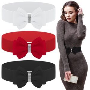 3 Pcs Women's Rhinestone Bow Belts, Bow Elastic Wide Belt, Vintage 1138